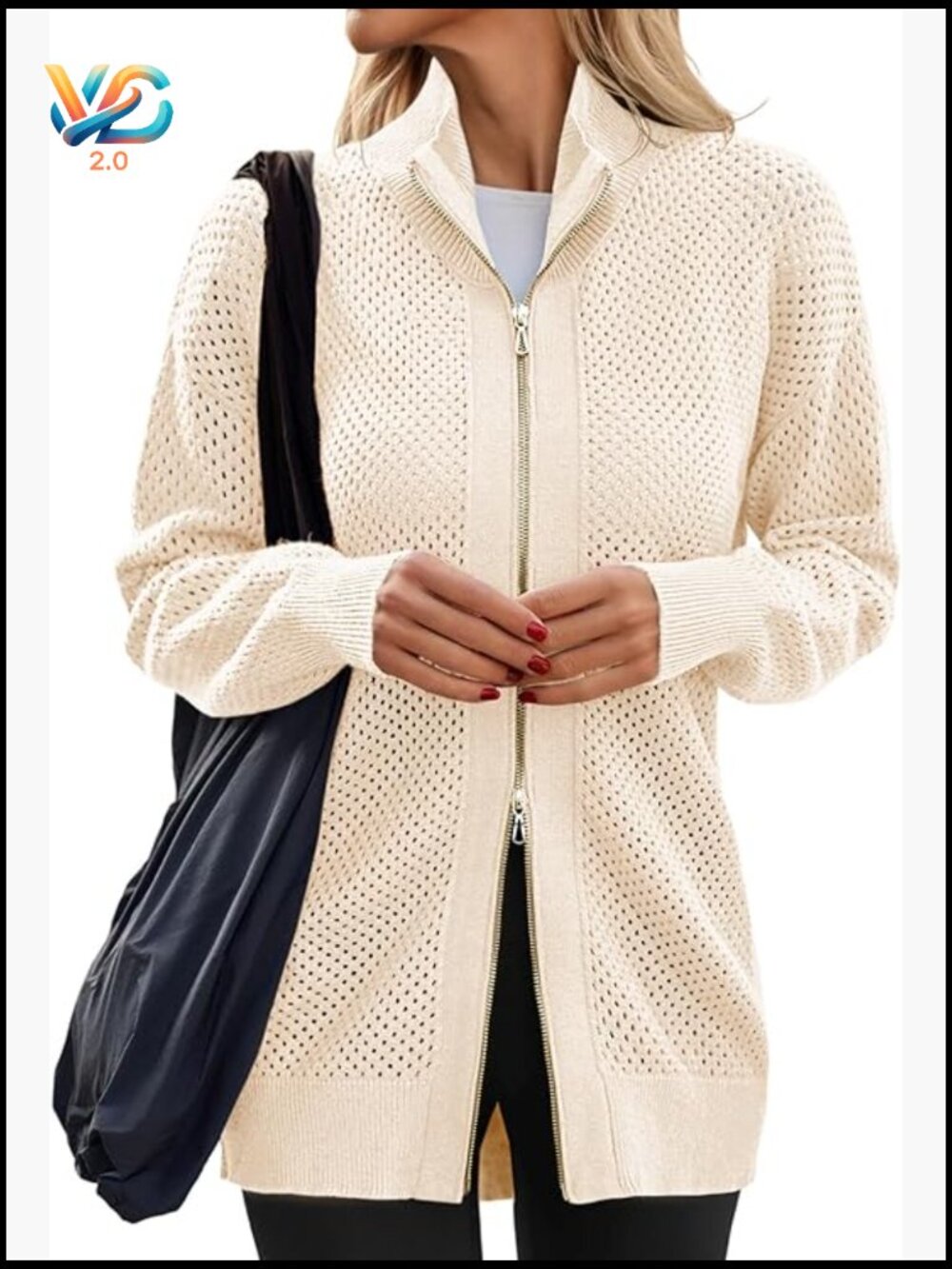 Oversized Drop Shoulder Turtleneck Zip Up Cardigan Sweater Long Sleeve Mesh